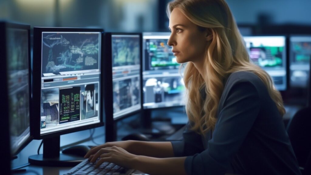 Frau konzentriert vor Computer arbeitend