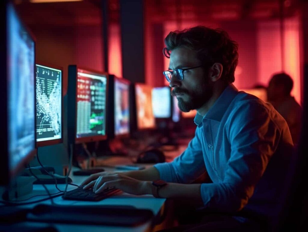 Mann mit Bart sitzt vor Computer und arbeitet in der IT Forensik